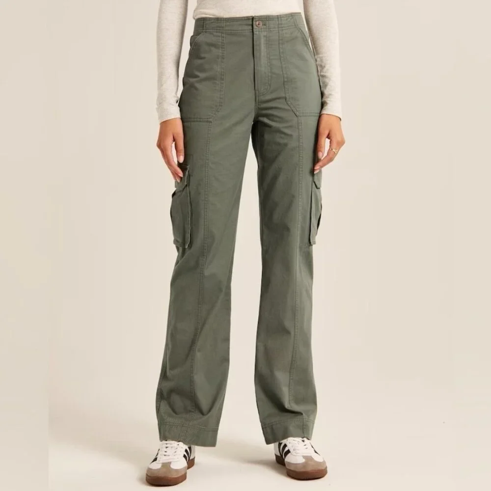 Abercrombie Relaxed Cargo Pants Wide Leg Baggy Grunge High Rise Olive Green 25 - Picture 2 of 11